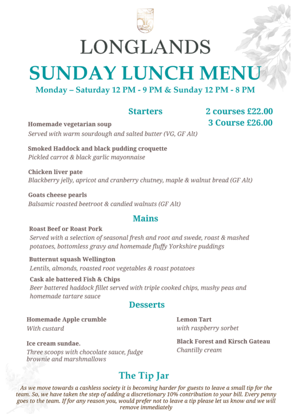 Sunday Lunch Menu Longlands