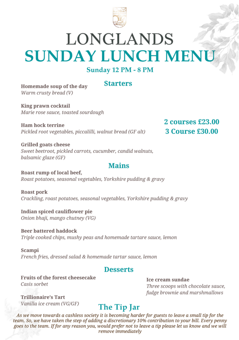 Sunday Lunch Menu - Longlands